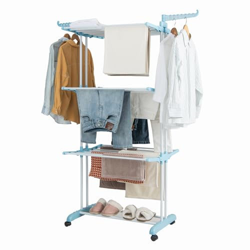 HOMASIS Séchoir à Linge Pliable à 4 Niveaux avec Roues, avec 2 Ailes Latérales Rotatives, Étendoir à Linge avec Sèche-Pieds Extensible pour Intérieur et Extérieur, 127 x 63 x 171 cm (Bleu)