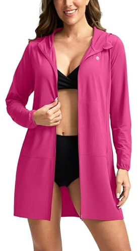 Women's UPF 50+ Swim Cover Up Sun Protection Hoodie Long Jacket SPF Lightweight Beach Cover Ups for Women(Rose,XL)
