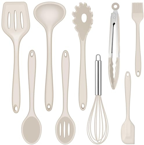 Joyfair Köksredskapsset, 9 stycken köksredskap silikon, värmebeständiga köksredskap, köksredskap, set med stekspade visp, grilltång, non-stick köksbestick för matlagning och bakning – kaki