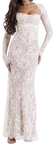 Abito, maxi abito, 2 pezzi corsetto Capelet floreale morbido mesh sexy abito da sera scialle coulisse corsetto in pizzo maxi abito, bianco, S