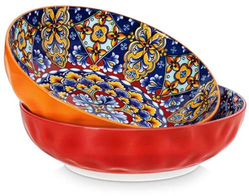 vancasso SIMI 78 oz Salad Bowls Set of 2, Large Porcelain Serving Bowls, Microwave & Dishwasher Safe Mixing Bowl, Pasta Bowls, Soup Bowls for Kitchen and Dinner, Red and Orange