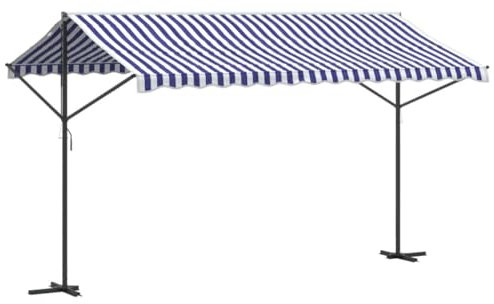 vidaXL Freistehende Markise, Gartenmarkise Einziehbar, Standmarkise für Garten Terrasse Balkon, Sonnenschutz, Blau Weiß Stoff Stahl