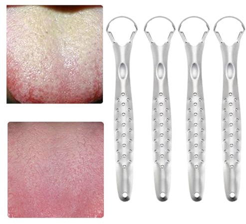 Pulisci lingua – Raschietto per lingua | 4 pulisci lingua in acciaio inox | Pulisci lingua alito cattivo | Strumento per la pulizia della lingua | Spazzola per lingua | Detergente professionale per la