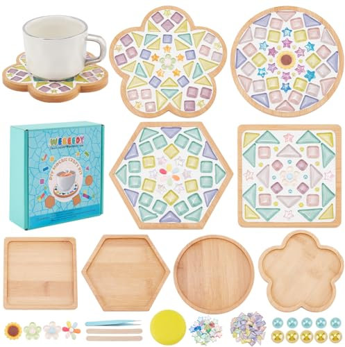 WEBEEEDY 4 Sets DIY Mosaic Tiles Coaster Kit Sunflower Theme Mosaic Making Set Handmade Flower Mosaic Coasters with Instruction for Adult Beginner,Mosaic Supplies Housewarming Birthday Summer Gift