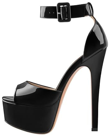 MissHeel Women's Stiletto High Heeled Peep Toe Court Shoes Buckle Strappy Fashion Mary Jane Platform Pumps Black Heel Size 8
