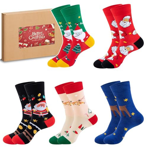 BOZIEE Lot de 5 paires de chaussettes de Noël en coton pour femme/homme - Chaussettes douillettes - Cadeau amusant - 35-44 - Emballage cadeau, multicolore, 46