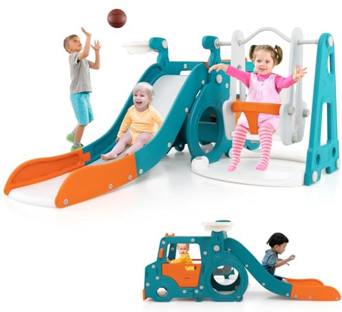 GYMAX Toddler Slide and Swing Set, 5-in-1 Kids Slide with Basketball Hoop, Baby Swing, Mini Bus, Crawling Tunnel, Basketball and Pump, Indoor Playground for 18 Months Old+ Boys Girls