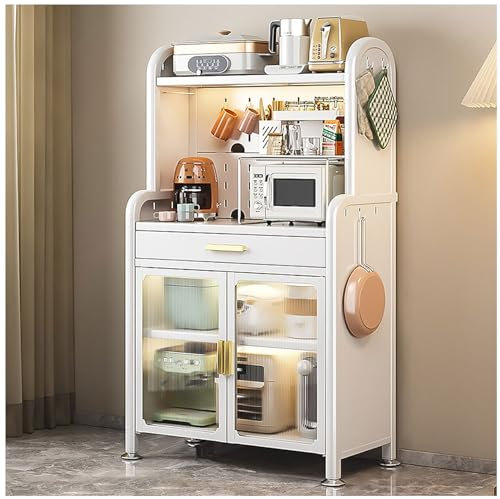 Estante de cocina blanco de 5 niveles con cajón y estante de almacenamiento ajustable, soporte para microondas y armarios para cocina, 147,5 x 60 cm