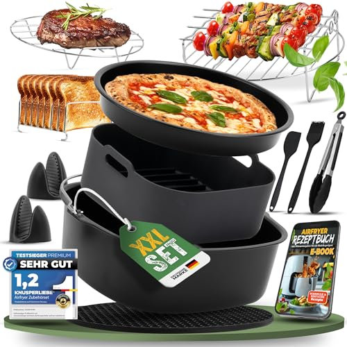 KNUSPERLIEBE® Heißluftfritteuse Zubehör XXL SET mit Silikonform 18-teiliges Airfryer Zubehör für Airfryer, COSORI 5,5L, Philips 7,3L, Tefal, Cecotec 5,5L, 6L, Princess, 23cm, BPA-FREI