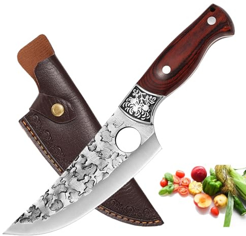 Doklasu Couteau de cuisine style japonais Couteaux à désosser Couteau de cuisine forgé à la main Full Tang High Carbon Steel 5Cr15MoV avec manche en bois rouge et fourreau