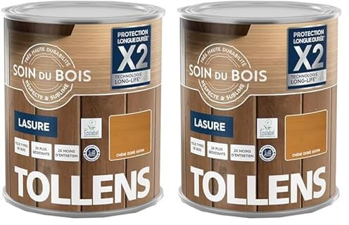 Tollens - Lasure - Ultra Résistante - Adhérence Renforcée - Protège et Décore - Protection Anti-UV - Technologie LONG-LIFE - Satin - Chêne Doré - 1 L (Lot de 2)