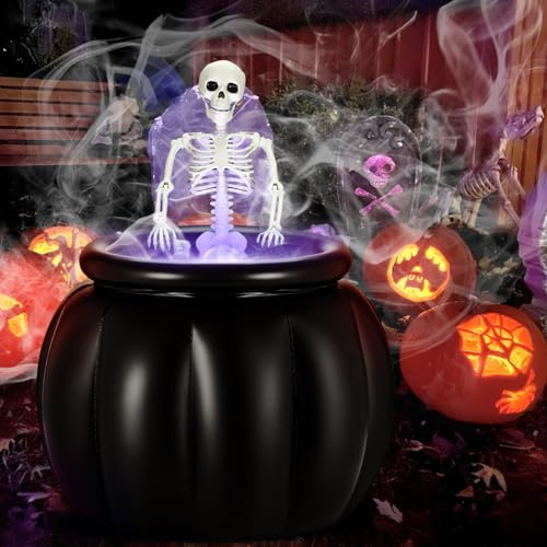 LaRandom Halloween Decorations Outdoor Large Halloween Witches Cauldron with Skeleton LED Mist Maker Inflatable Black Bowl Skeleton Candy Bucket Decoration for Outdoor Garden Yard Lawn Home Porch