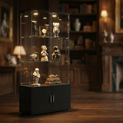 FOERPL Vetrina Soggiorno, vetrina in Vetro con Led 164x78,5x35 cm Mobile Vetrinacon Led VetrinaEspositiva per Collezionismo con 2 Porte 3 Strati Armadio Vetro con Serratura per Bar ufficio