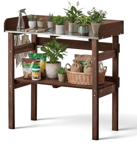 VEVOR Pflanztisch, Gärtnertisch, Gartenarbeitstisch mit Großer Holzplatte, Ablageflächen & Haken, Blumentisch, Outdoor Umtopftisch ideal für Terrasse, Garten & Balkon, Braun, 780x380x820 mm