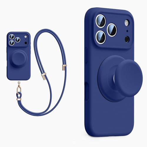 XZC Funda de silicona líquida para iPhone 17 Pro Max, con soporte emergente, cordón cruzado, compatible con MagSafe, protección completa de la cámara, (azul, iPhone 17)