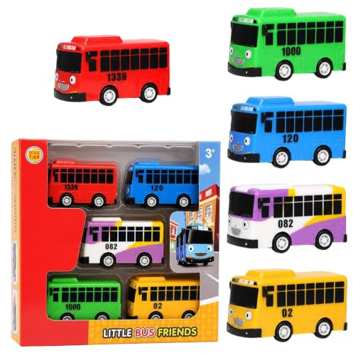 RJFUJP Tayo The Little Bus Toys Lot de 5 jouets de collection de bus Tayo le petit bus, modèles d'action à tirer, ensemble d'affichage de bureau, assortiment de véhicules urbains.