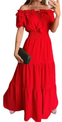 Générique Robe Longue d'été pour Femme 2026 – Épaules dénudées, Volants, Manches Bouffantes, Taille smockée – Style décontracté et Fluide, idéale pour Les Occasions habillées ou la Plage