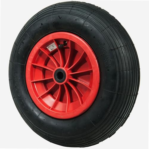 WERKA PRO Roue Gonflable 15'' - 385 x 95 mm - Alésage 20 mm - Roulements à Rouleaux Cylindriques - Pour Brouette et Remorque de Jardin - Jante Rouge - Valve Droite