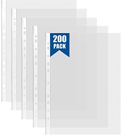 200 Pcs Punched Pockets A4 Clear 60 Micron Strong Plastic Wallet Sleeves, Top Opening Poly Pockets for Ring Binder Folders