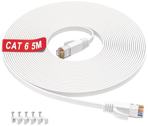 Cable Ethernet 5 metros, Alta Velocidad Cable de Red 5 metros Cat 6 250MHz 1000Mbps, Plano Blanco RJ45 Cable Internet 5m Interior UTP Impermeable Gigabit Cable LAN para Router Switch Módem (5 Clips)