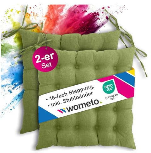 wometo 2er Set Sitzkissen Stuhl 40x40 Oeko-TEX - grün grasgrün Sitzpolster Stuhlkissen mit Bändern/Schleifen für Indoor und Outdoor (2 Stück)