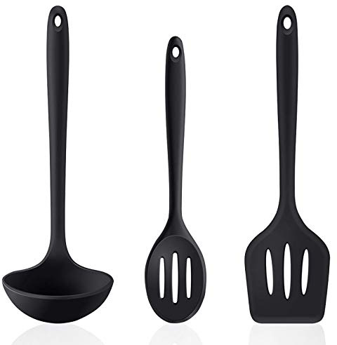 Goalfly Silicone Kitchen Utensils Set for Cooking, 3 Pieces Nonstick Ladle, Slotted Spoon and Slotted Turner, Durable Cooking Utensils for Frying, Serving, Baking
