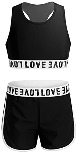 Alvivi Mädchen Bikini Tankini Set Tank Top+Shorts Zweiteiler Badeanzug Bademode Kinder Ballett Trikot Sport Set Tanzkleidung Gr.98-176 A Schwarz 158-164