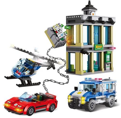 City Police Catch Thief Building Block Set with Cop Car, Bank, Helicopter, Getaway Sports Car, Fun Police Chase Toy for Kids, Best Learning & Roleplay STEM Toy Gift for Boys Girls Ages 6+ (625pcs)