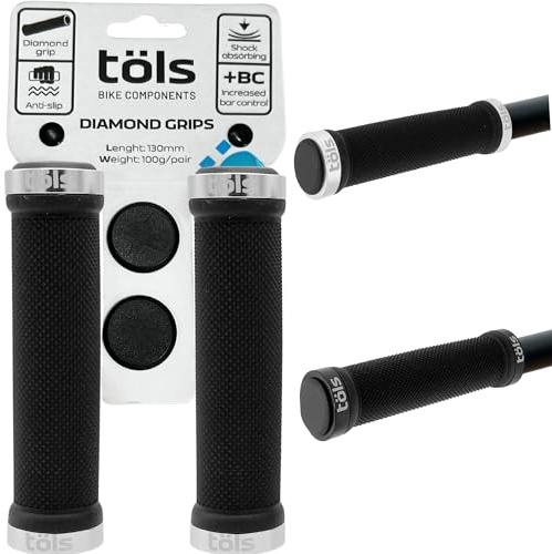 TÖLS Diamond Grip Silver, puños Bicicleta MTB, 130mm - Incluye 2 empuñaduras y 2 Tapones - puños Bicicleta montaña Resistentes- Puños MTB Antideslizantes- punhos para Bicicletas - Máxima Comodidad
