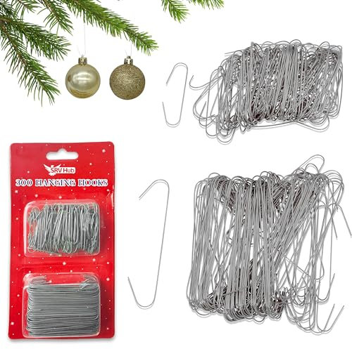 SRV Hub 300Pcs Silver Hanging Hooks for Christmas Decorations, Tree Baubles Metal Hooks for Christmas Tree Home Kitchen Party Decorations, Assorted Sizes
