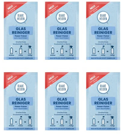 Blaue Helden 6er Glasreiniger Nachfüll-Pulver Biologisch abbaubare Fensterreiniger | Ohne Mikroplastik | 6 x Pulver für eine kraftvolle & nachhaltige Reinigung | Innovative Formel gegen Schmutz