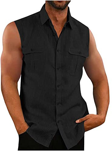 Susenstone Débardeur Lin Homme sans Manches Chemises en Lin Coton été Chemise de Plage Classique Décontractée Col Mao Yoga Ample et Respirant Chemise boutonnée en Lin Coton Chemise T-Shirts Top