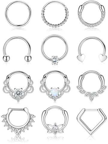JeweBella 12 Piezas Piercing Septum Acero Quirúrgico 16G Piercing Nariz Aro para Mujer Niña Anillo Clicker Septum Piercing Pendientes Helix Tragus Daith Piercing Nostril Labio 8/10mm