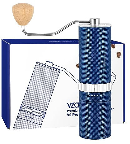 Vzaahu Molinillo de Café Manual,Grosor Externo Ajustable de 6 Niveles,Núcleo de Fresa Cónico de Acero Inoxidable CNC,Diseño de Diamantes Azules,Cuerpo de Aleación de Aluminio,Banda de Haya