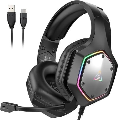 EKSA E1000V2 USB Gaming Headset for PC - Wired Computer Headphones with Microphone/Mic Noise Cancelling, 7.1 Surround Sound & RGB Light- Gaming Headphones for PS4/PS5 Console Laptop (Black)