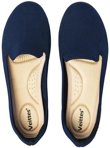 Veittes Women's Wide Width Flats Shoes - Classic Knitted Soft Casual Breathable Slip-on Ballet Shoes.(2205003-3,BL/FK,UK9 Wide)
