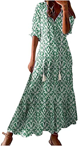 Vestidos Largos Verano Mujer 2024,Manga 3/8 Vestidos Maxi de Cuello en Pico Vestido Mujer Informal con Moda Impresión Ocio Vestidos Verano Mujer en Distintos Colores Vestido Mujer Rebajas