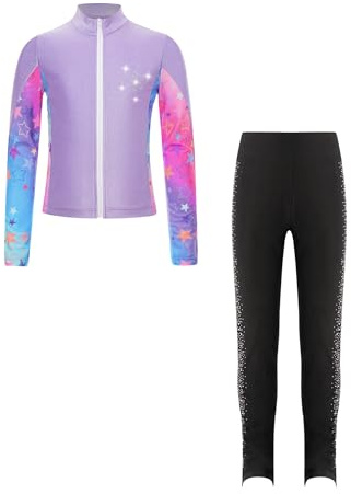 FEESHOW Konståkning för barn, flickor, glitter, strass, tryckt jacka, konståkning, byxor, set, tävling, träning, sport, outfit, skridskoåkning, kostym, violett, 122/128 cm