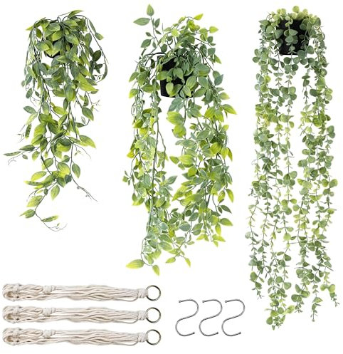 3 Stück HäNgepflanze KüNstlich，Kunstpflanze Hängend mit Töpfen，87/63/55cm Künstliche Pflanzen Hängend，Mit Netzbeutel und Haken，Geeignet für Wohnzimmer, Balkon, Garten, Hochzeit, Party, Wanddekoration