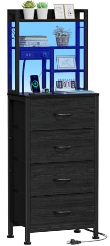 Furnulem Tall Nightstand, LED Night Stand with Charging Station and USB Ports, 4 Fabric Drawers and 4 Tier Storage Shelf, Nightstands Bedside Tables for Bedroom, Dorm, Office (Black Oak)