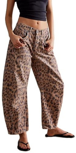 Y2k Jean baggy boyfriend à imprimé léopard pour femme, coupe ample, taille moyenne, en denim, motif fer à cheval, marron foncé, L