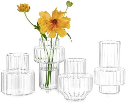 Hewory Mini knoppvaser för blommor: 4 st blandade små vaser för bordsdekoration mittpunkt – söt liten glasvas ribbad enkelstam vas för bröllopsdekorationer rum hem