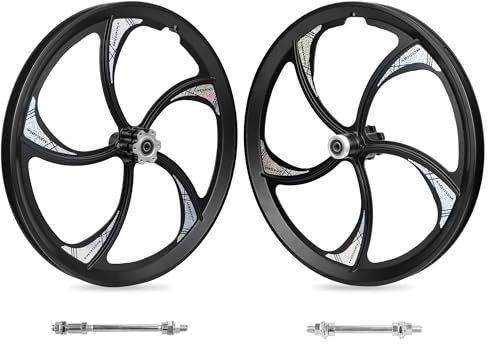 20 Aluminum Alloy One-Piece Bike Wheels – 5-Spoke Rim with Disc Brake & Freewheel Hub, 420mm Diameter, 30mm Width, Schrader Valve,Nylon Brake Pads, Solid axles，for Mountain/Folding/Kids/BMX Bikes