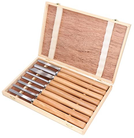 Ensemble d'outils de Tournage de 8 PCS avec 65 Têtes Burin en Acier Manganèse et Poignées en Bois Hêtre dans une Boîte Rangement Pratique