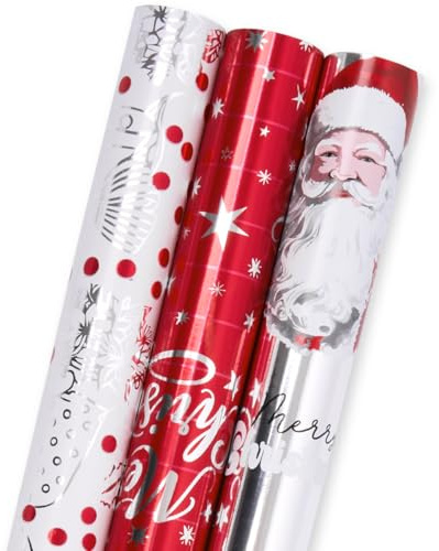 3 rollos de papel de regalo navideño: Papel de regalo rojo y blanco con purpurina metálica de 43 cm x 3 m, ideal para Navidad, cumpleaños, bodas, fiestas y festivales