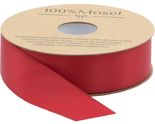 100% Mosel Satinband, i rött (set med 4 rullar) | Matt glänsande presentband för dekoration, pyssel & inslagning – för jul & advent