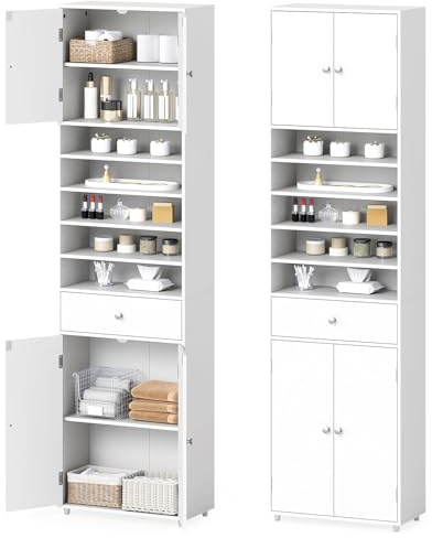 LIFEZEAL Armadio da bagno alto con 5 scomparti aperti, cassetti e ripiani regolabili, armadio compatto per bagno, soggiorno, 50 x 24 x 180 cm