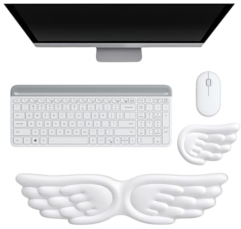PRITOK 43 × 10 cm Repose-poignet Angel Wing Set : repose-poignet en cuir PU, tapis de souris, repose-poignet en mousse à mémoire de forme pour clavier ergonomique pour bureau et lieux de travail de