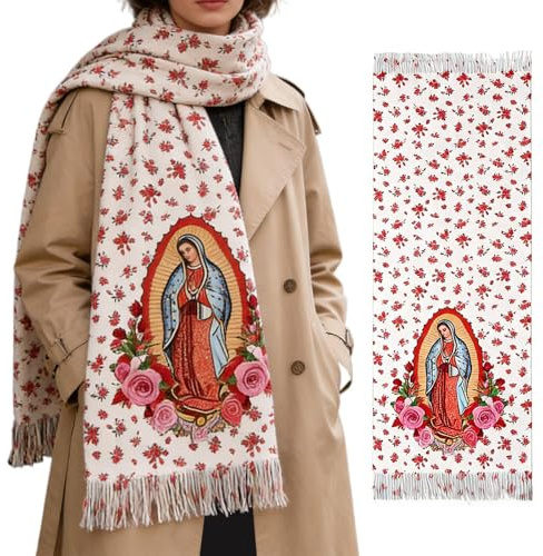 Bufanda de la Virgen María - Chal floral de algodón y cálido, envoltura de manta católica, elegante accesorio de oración, regalo religioso inspirador / Mujer Oración Viaje Vacaciones Interior Ex