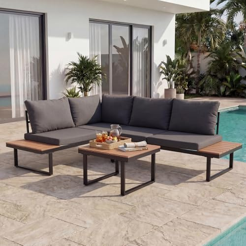 HOMAVO Conjunto de Jardín Exterior 4 Personas, Sofá Exterior con Mesa y Funda Protectora, Muebles de Exterior Resistentes para Terraza y Balcón